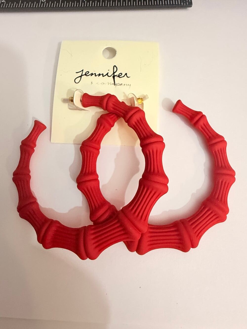 NWT Jennifer & Company Large Red Resin Bamboo Hoop Earrings